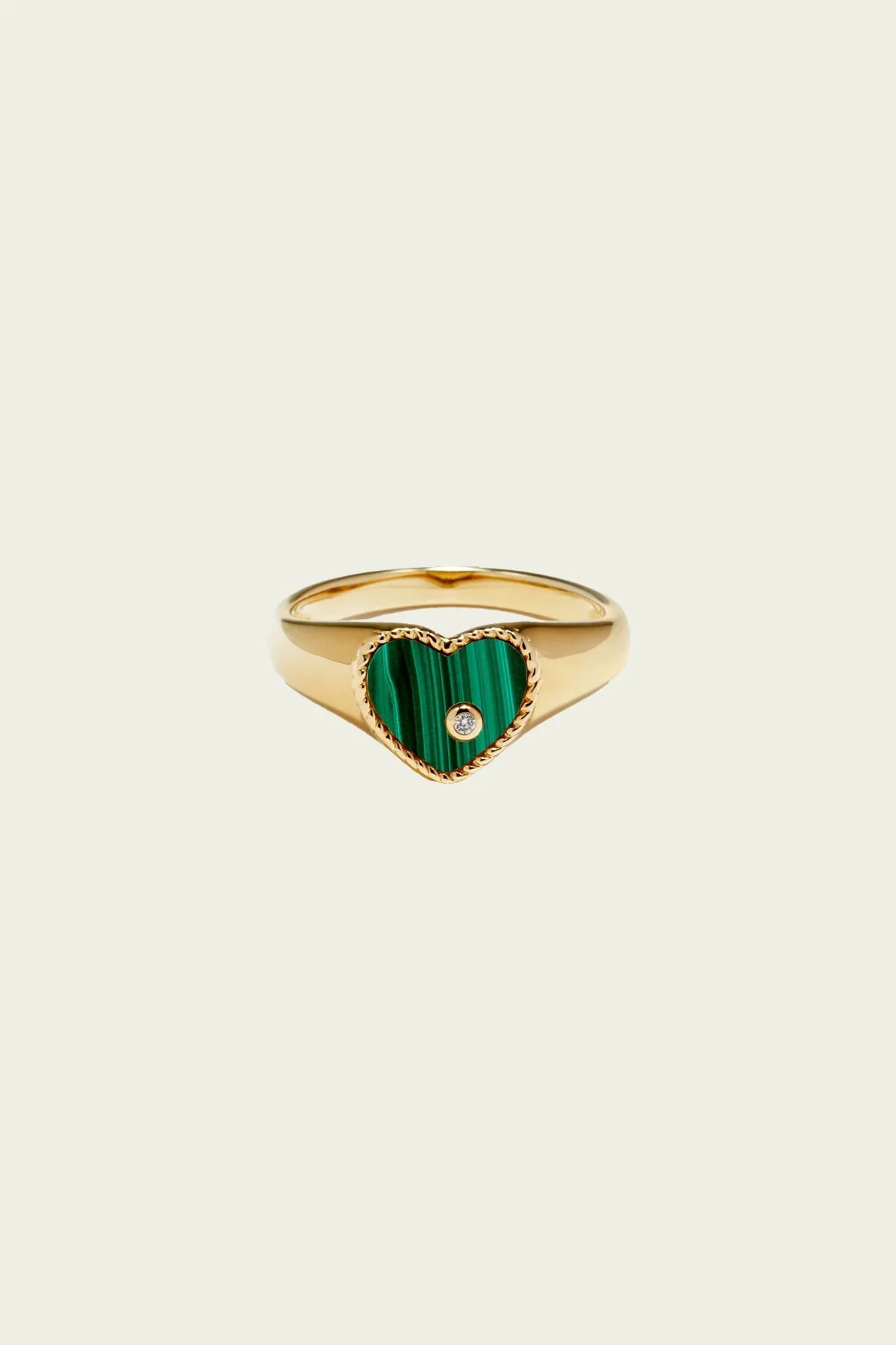 Baby Chevalière Heart Ring in Yellow Gold & Malachite - US 7 | Shop Olivia