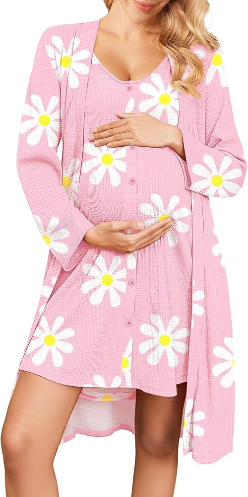 Ekouaer Maternity Nursing Gown and Robe Set 2 Piece Waffle Breastfeeding Nightgown 3 in 1 Labor a... | Amazon (US)