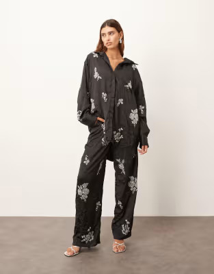 ARRANGE crinkle satin floral embellished pants in black - part of a set | ASOS (Global)