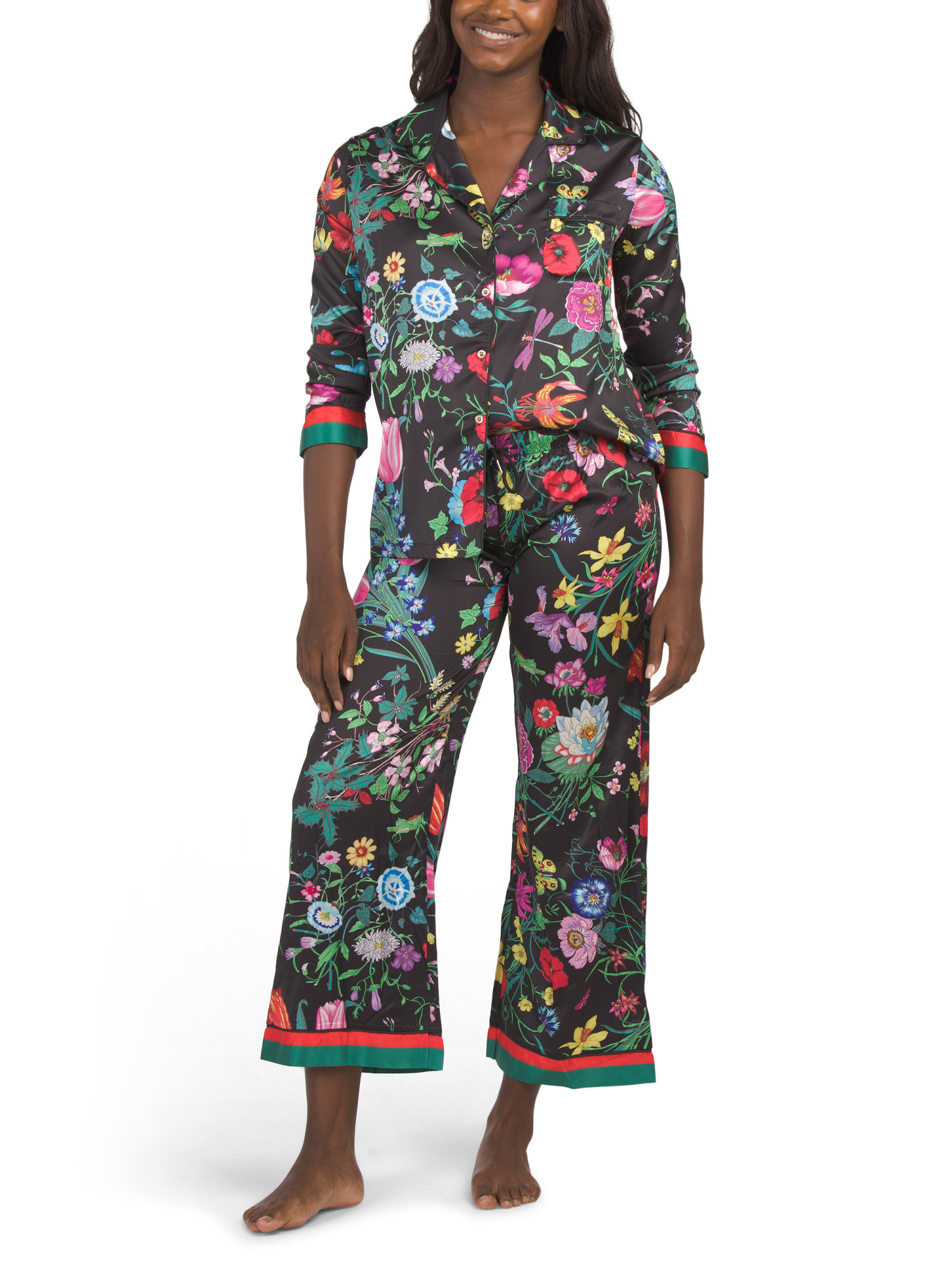 2pc Satin Floral Pajama Set With Contrast Trim | Designer Clothing | Marshalls | Marshalls