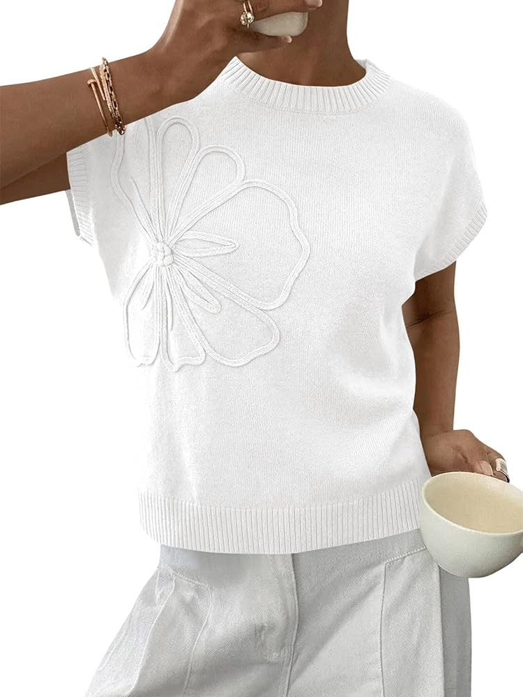 Saodimallsu Womens Short Sleeve Sweater Trendy Floral Pullover Sweaters Summer Casual Crewneck Li... | Amazon (US)