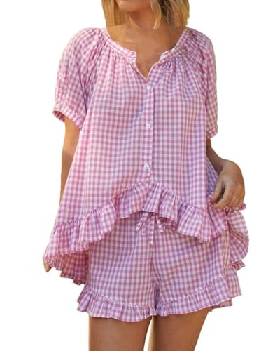 codcm Womens 2 Piece Ruffle Pajama Set Gingham Pjs Short Sleeve Babydoll Shirt and Shorts Plaid Summer Outfits(Pink Plaid,Small) | Amazon (US)