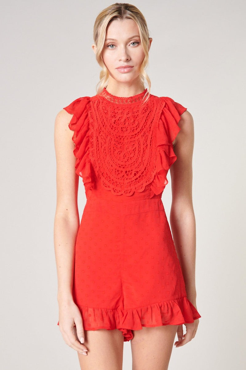 Kismet Lace Chiffon Dot Ruffle Romper | Sugarlips