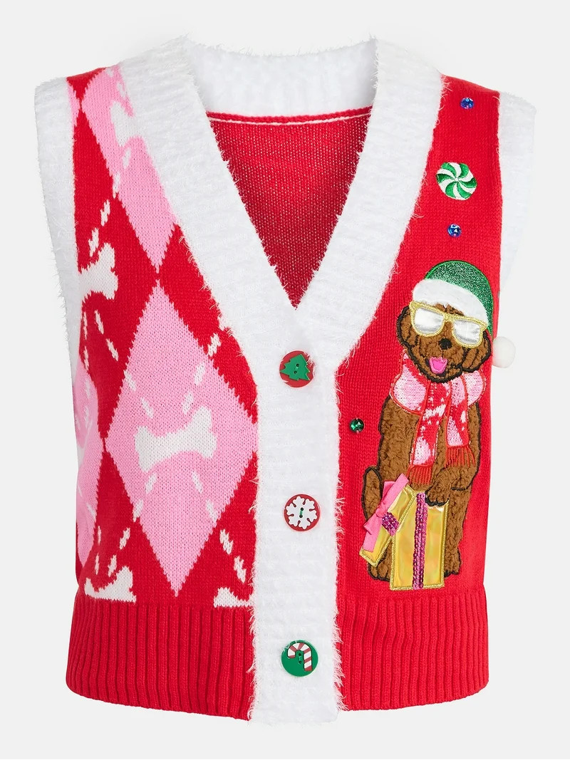 No Boundaries V-Neck Button Front Christmas Vest, Women’s | Walmart (US)