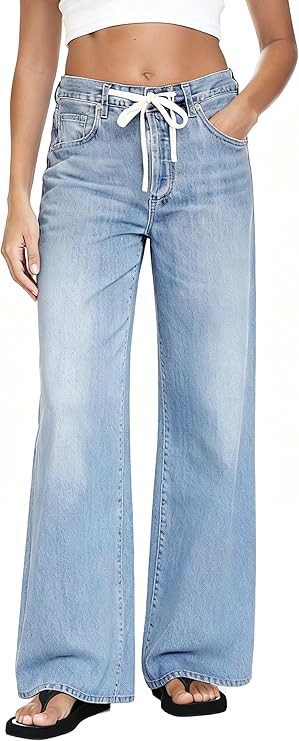 MARIASHA Wide Leg Jeans for Women Trendy High Waist Stretchy Baggy Jeans Women Drawstring Denim P... | Amazon (US)