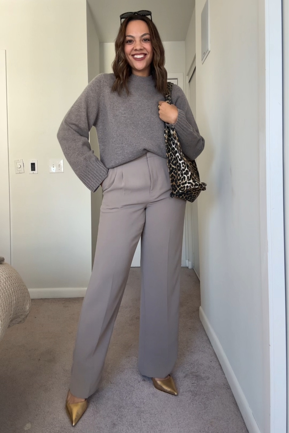 Fall outfit featuring a crewneck sweater and wide leg dress pants!

-Reformation taupe wool crewneck sweater, I have a size large.
-Aritzia high-rise wide leg dress pants in taupe, I have a size 10.
-Gold slingback kitten heels, similar linked.
-Ganni leopard print tote bag.
-Celine Triomphe sunglasses. 


#LTKcanada #LTKstyletip #LTKautumn