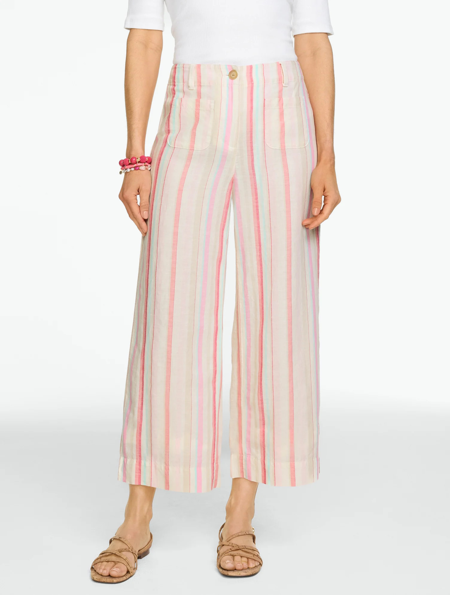 Petite - Washed Linen Wide Crop Patch Pocket Pants - Sweet Stripe - Ivory - 4 Talbots | Talbots