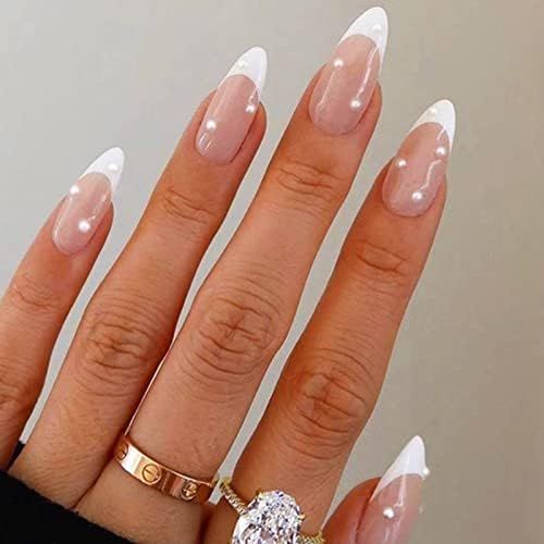 VOTACOS French Tip Press on Nails Medium Almond Fake Nails Nude False Nails with Pearls Design Gl... | Amazon (US)