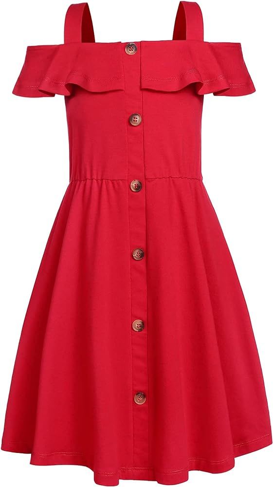 Greatchy Girls Summer Dress Cotton Button Cold Shoulder Ruffles Spaghetti Strap Casual Sundress Beac | Amazon (US)