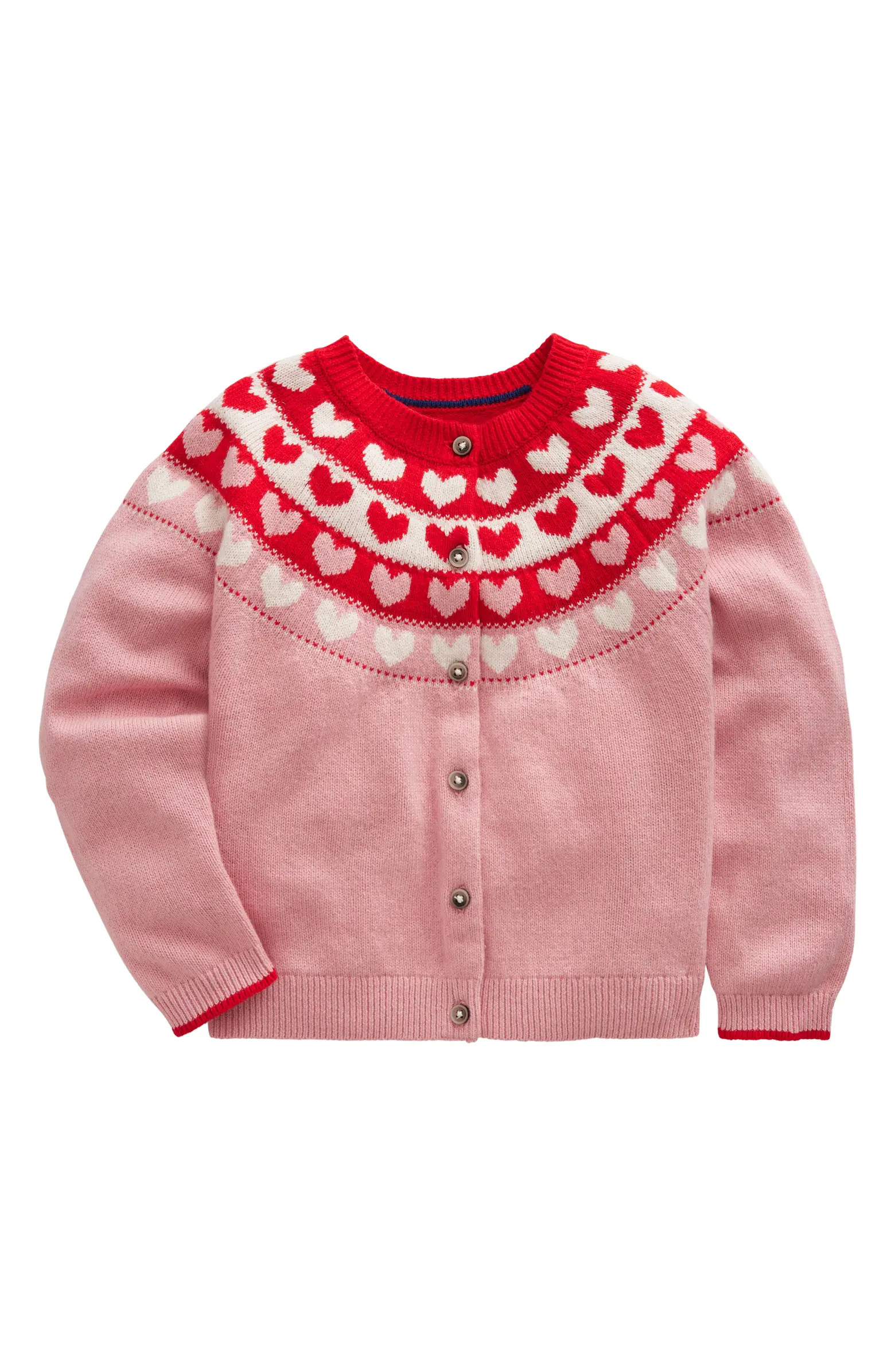Mini Boden Kids' Fun Heart Jacquard Fair Isle Cotton & Wool Blend Cardigan | Nordstrom | Nordstrom