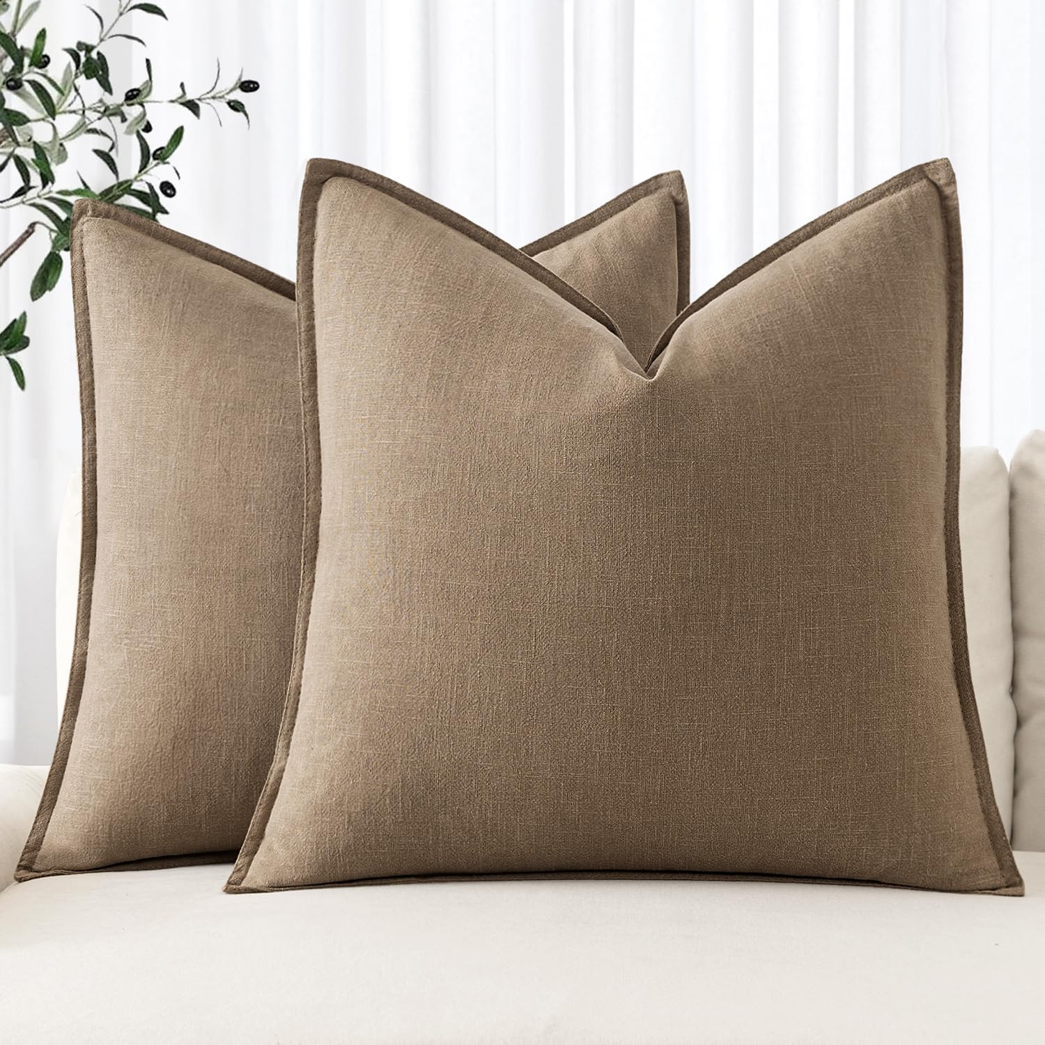 MIULEE Decorative Linen Euro Sham Pillow Covers 24x24 Khaki ​Boho Farmhouse​ ​Neutral Couch... | Amazon (US)