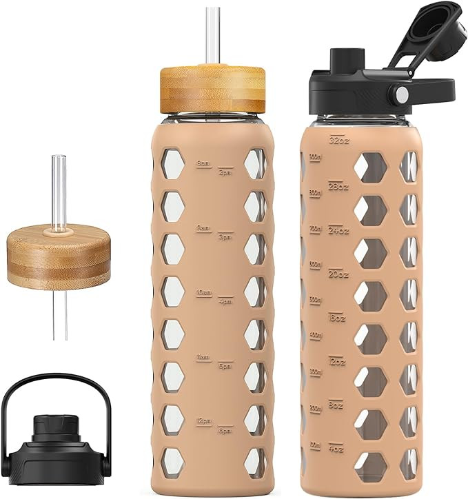 MUKOKO Glass Water Bottles, 32oz Glass Tumbler with Straw, Drinking Bottles with 2 Lids-Handle Sp... | Amazon (US)