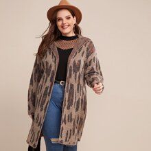 Plus Open Front Shawl Collar Leopard Sweater Coat | SHEIN