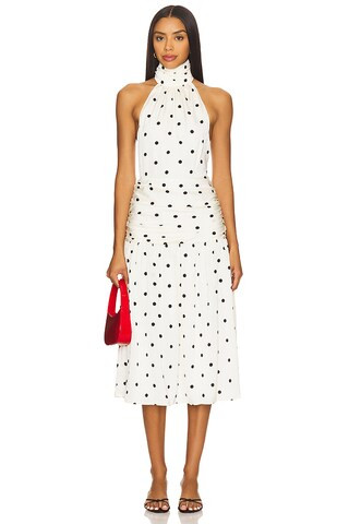 MORE TO COME x Yhasmina Ferrara Carmina Halter Midi Dress in White & Black Dot from Revolve.com | Revolve Clothing (Global)