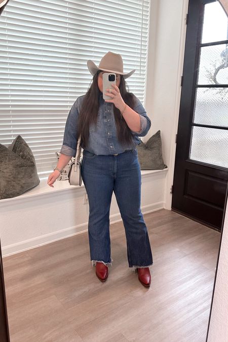 Rodeo outfit. Western outfit. Country concert outfit. Flare jeans. Flare denim. Western boots. Country concert outfit. Western purse. Denim shirt. Canadian tuxedo 

Hat is from The Hat Store 🤠

#LTKfindsunder100 #LTKSeasonal #LTKfindsunder50