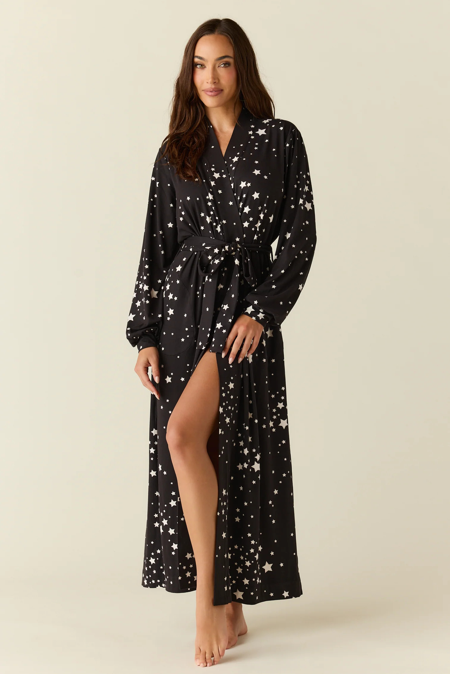 Skyler Cloud Jersey Banded Long Robe in Black Stars | MASONgrey