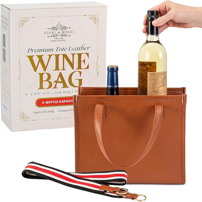 FIORI & ROSSI PU Leather Wine Bottle Carrier Bag - Insulated Wine Bag to Store & Carry up to 3 Bo... | Amazon (US)