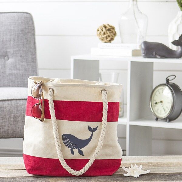 Whale Red Striped Canvas Tote with Rope Handles | Bed Bath & Beyond