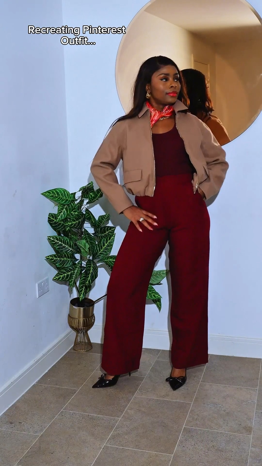 Recreating a Pinterest outfit… but make it mine ❤️

Burgundy wide-leg trousers styled with a fitted knit, cropped jacket and a silk scarf for that elevated finish.

This look is proof that:
• Tailoring = timeless
• Burgundy = powerful
• Details = everything

Shop similar pieces linked here 🤎✨
Perfect for work, date night or a chic brunch look.

#LTKStyleTip #LTKWorkwear #PinterestInspired #WideLegTrousers #ElevatedBasics #BurgundyStyle

#LTKootd #LTKWorkwear #LTKSeasonal