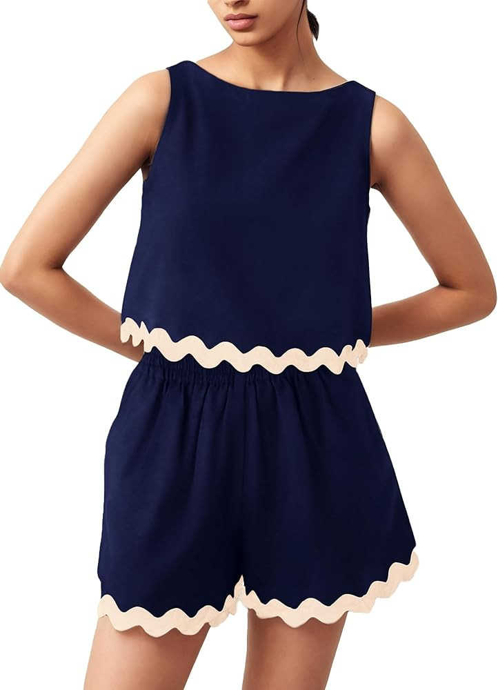 2 Piece Beach Vacation Outfits Casual Cropped Tank Top High Waist Shorts Set Tracksuit for women | Amazon (US)