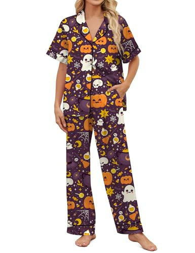 SHESHOW Funny Halloween Pajamas Women Satin Short Sleeve Long Pants 2 Piece Sets Cute Pumpkin Halloween Pjs Women M | Amazon (US)