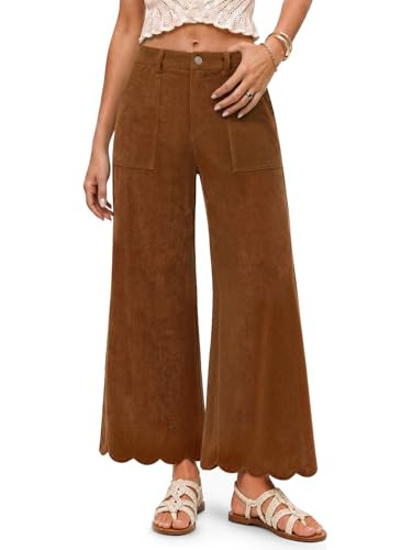 Yousify Women Scalloped Hem High Waist Corduroy Wide Leg Pants With Pockets | Amazon (US)