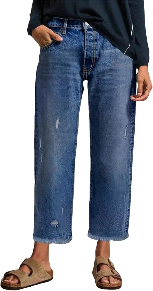 EVALESS Wide Leg Jeans for Women Stretchy Distressed Washed Straight Leg Loose Frayed Raw Hem Den... | Amazon (US)