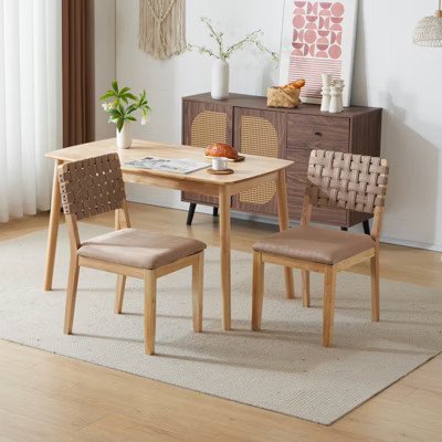 VINGLI Khaki Woven Wooden Dining Chairs Set of 2,Armless Mid Century Modern Desk Chairs Farmhouse Comfy No Wheels for Living Room,Kitchen,Oak,Suede | Target