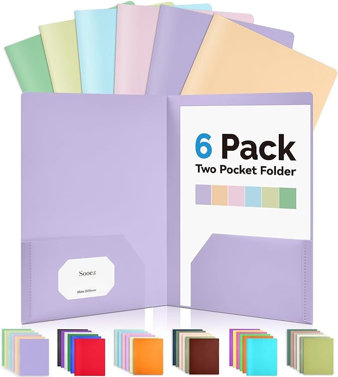 Sooez 6 Pack Pocket Folders with Labels, Heavy Duty Plastic File Folders with Pockets, Pastel Pol... | Amazon (US)