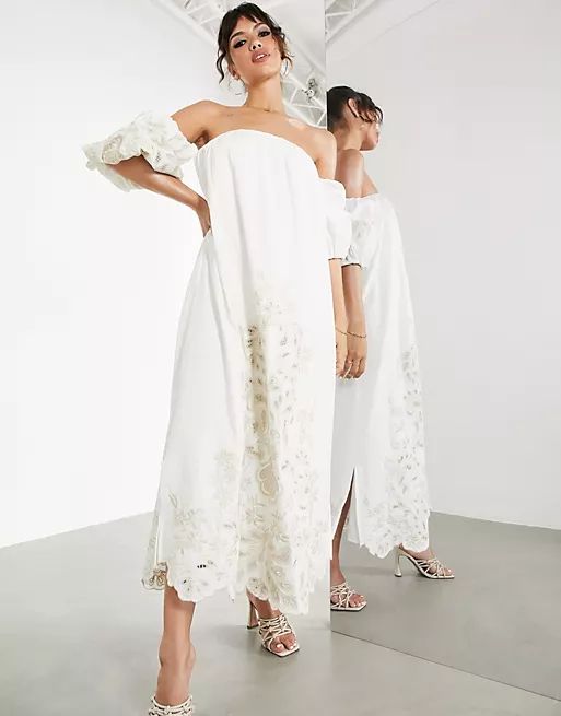 ASOS EDITION off shoulder midi dress with tonal placement embroidery in ivory | ASOS (Global)