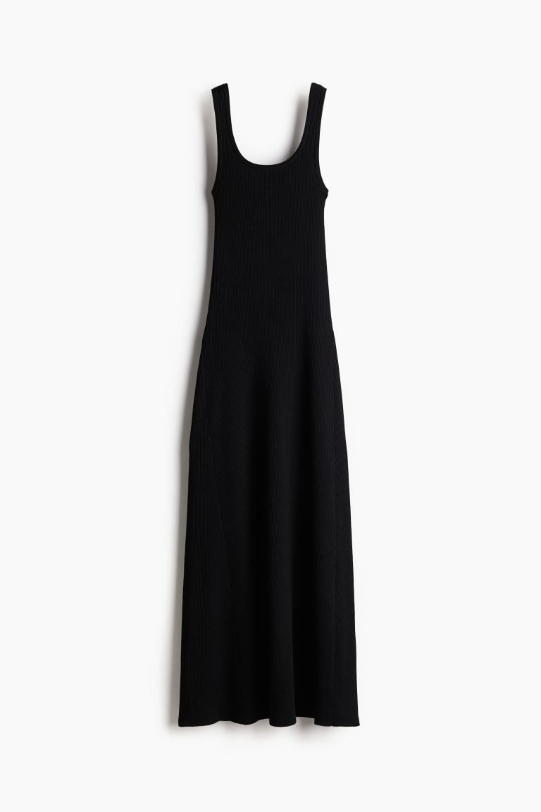 Rib-knit Dress with Flared Skirt - Low-cut Neckline - Sleeveless - Black - Ladies | H&M US | H&M (US + CA)