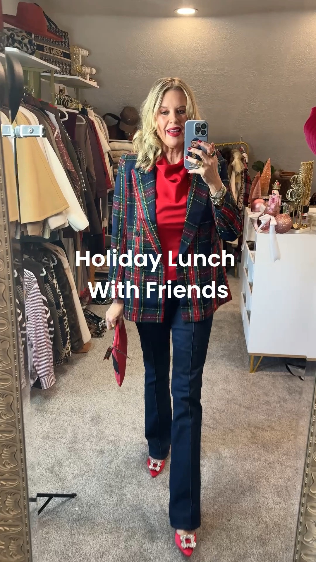 Holiday outfit idea… 

Holiday in denim… but chic and even work appropriate ✔️

Holiday tartan plaid blazer
Fits tts in a small  20% until tomorrow 

Spanx red satin cowl neck cap sleeve top tts in med 

Spanx denim trousers with slight flare pull on tummy control and so cute wearing a med

Save 15% off on Dpanx with code Deardarcyxspanx 

Red satin kitten heal with rhinestone buckle toe tts
Mine are low stock I  (linked similar and similar price as well)

Red bow earrings 

Santa belt clutch (sorry do old) 

#LTKootd #LTKHoliday #LTKSaleAlert