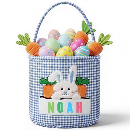 OXYEFEI Easter Baskets for Kids,Blue Embroidered Reusable Empty Bunny Egg Personalized Easter Bas... | Amazon (US)