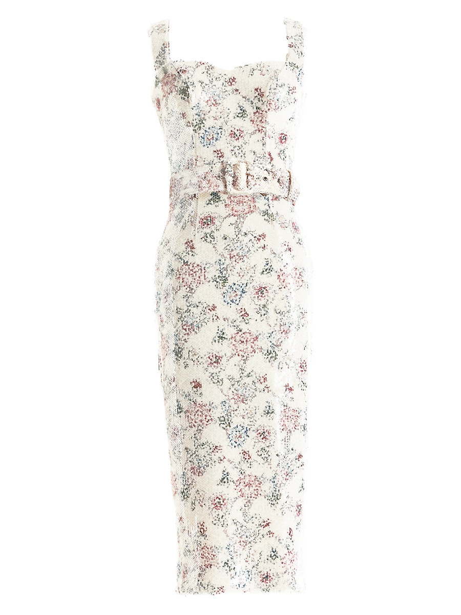 Women's Nicole Belted Floral Sequin Midi-Dress - Cream Multi - Size Medium | Saks Fifth Avenue