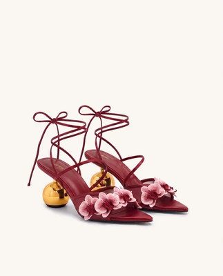 Celia Orchid Embroidered Sphere Heel Lace-Up Sandals - Burgundy | JW PEI US