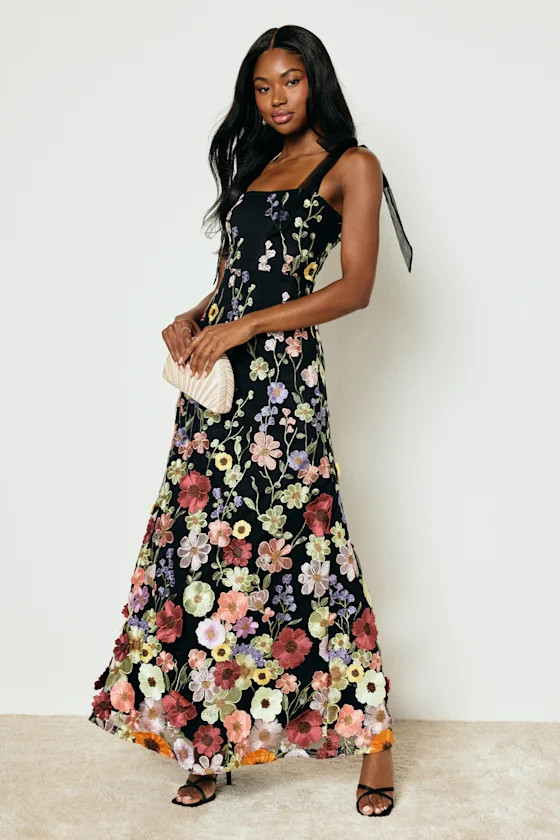 Thriving Poise Black 3D Floral Embroidered Tie-Strap Maxi Dress | Lulus