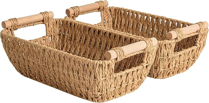 StorageWorks Hand-Woven Small Wicker Baskets, Round Paper Rope Storage Baskets with Wooden Handle... | Amazon (US)