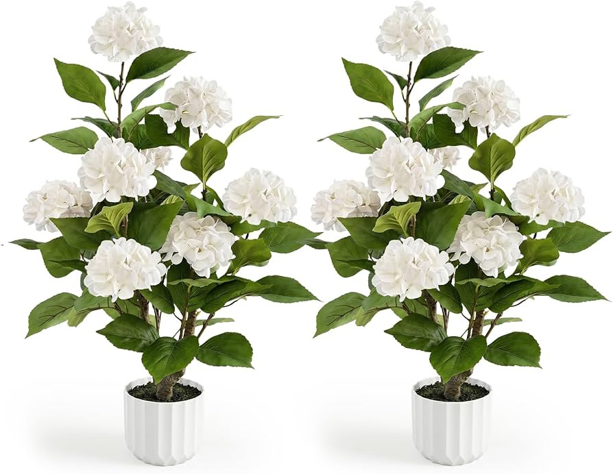 3FT Artificial Hydrangea Tree 2 Pack, Realistic Faux Hydrangea Plants in Pot with White Flowers, ... | Amazon (US)
