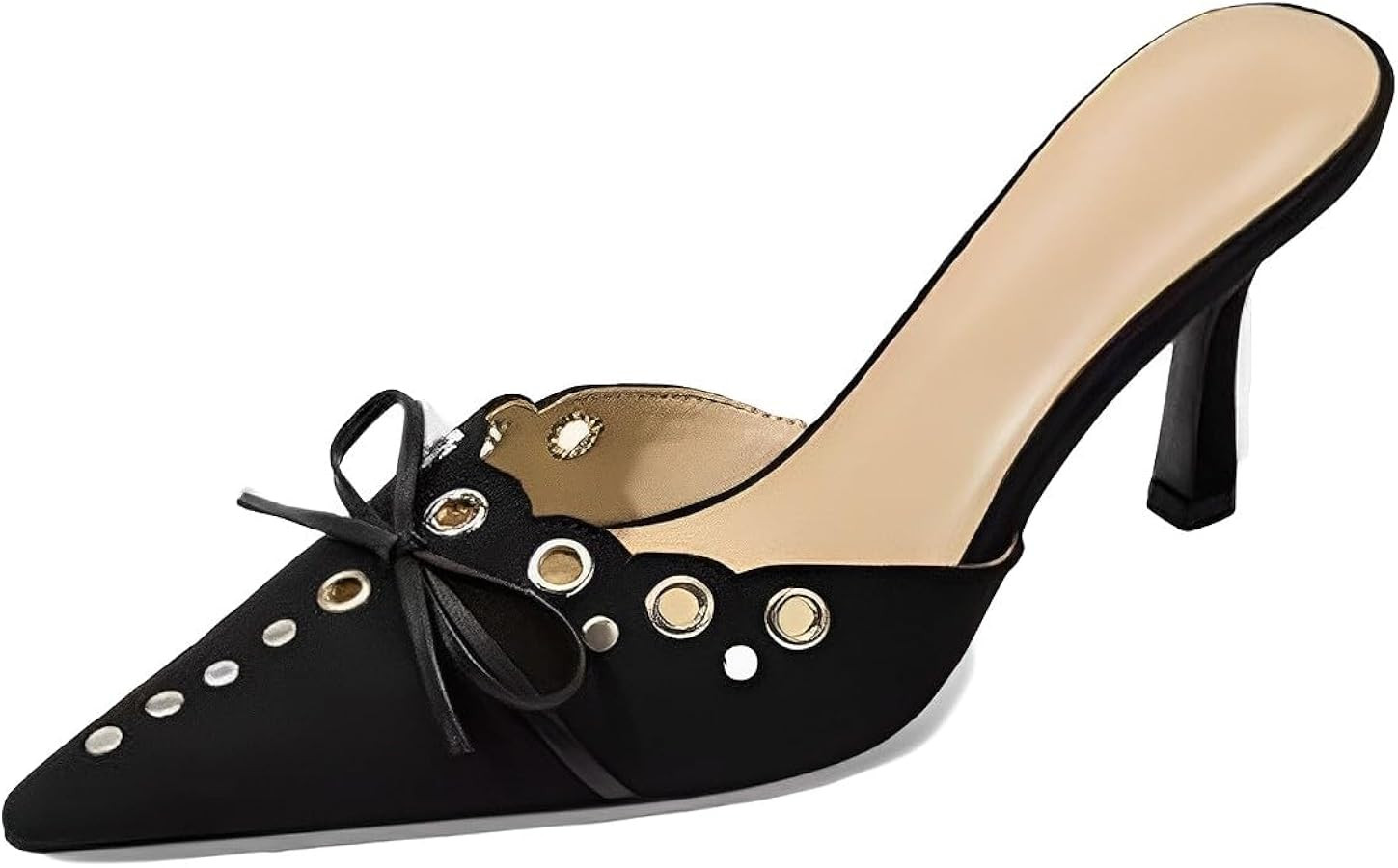 olomisa Kitten Heels for Women, Pointed Toe Heels Studded Bow Heeled Mules, Faux Suede Silp On Sa... | Amazon (US)