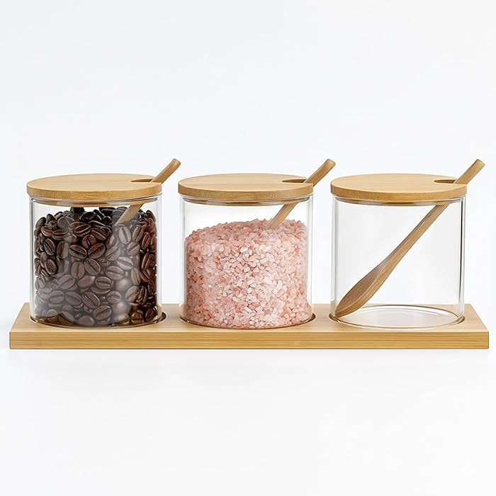 3 Pcs Glass Spice Jars with Wooden Spoons & Lids, 350ml Seasoning Containers with Base, Clear Sug... | Amazon (US)