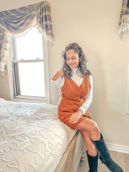 Fall outfit idea // turtleneck long sleeve top with a Corduroy Button Pinafore Overall Mini Dress and Otk boots. Fall boots, fall outfits, fall trends, tall boots, autumn, pumpkin patch outfit, overalls, button down dress

#LTKfindsunder50 #LTKSeasonal #LTKstyletip