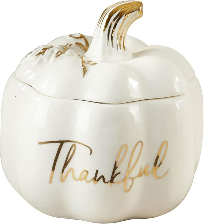 Kate Aspen Thankful White Pumpkin Bowl - Ceramic Decorative Pumpkin Decor Candy Dish With Lid, Fa... | Amazon (US)