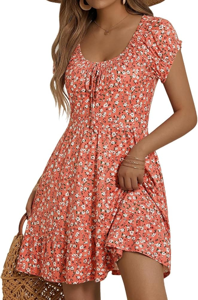 HUHOT Teen Petite Women Floral Short Summer Mini Dresses with Pockets Cute Milkmaid Sundress | Amazon (US)