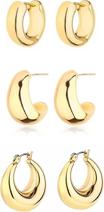 Gold Chunky Hoop Earrings Set for Women, 14K Gold Plated Twisted Huggie Hoop Earring Hypoallergen... | Amazon (US)