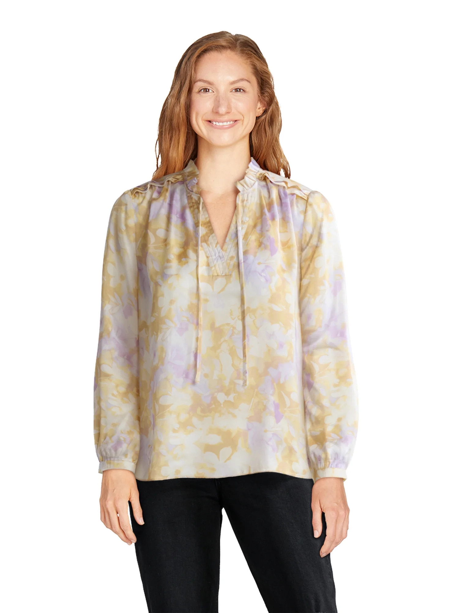 Time and Tru Women's and Women's Plus Size Silky Satin Ruffle Neck Blouse, Sizes XS-4X | Walmart (US)