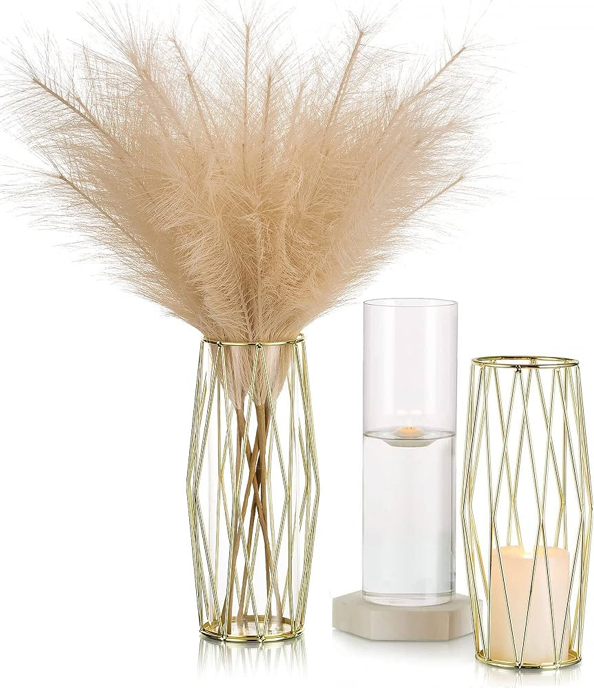 Gold Modern Flower Vases for Centerpieces – Hewory 11Inch Glass Vase with Metal Stand Set of 2,... | Amazon (US)