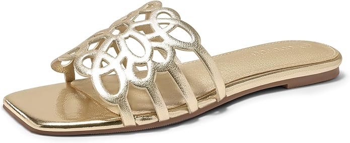 Coutgo Womens Flat Sandals Comfortable Square Open Toe Slides Slip On Summer Dressy Beach Shoes | Amazon (US)