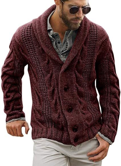 Gafeng Mens Shawl Collar Cable Rib Knitted Button Closure Casual Winter Chunky Thermal Long Sleev... | Amazon (US)