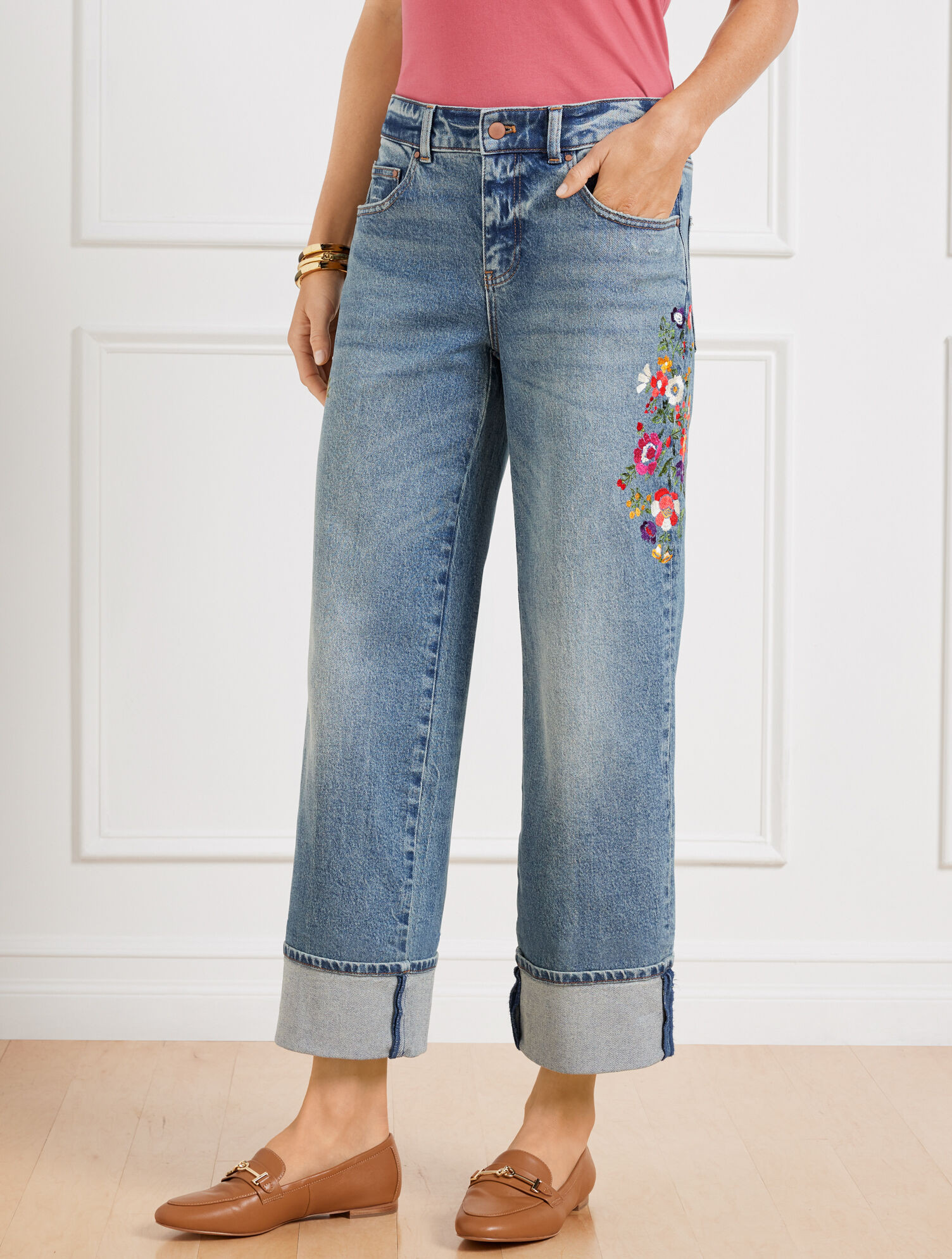 Embroidered Wide Straight Ankle Cuff Jeans - Sloane Wash | Talbots