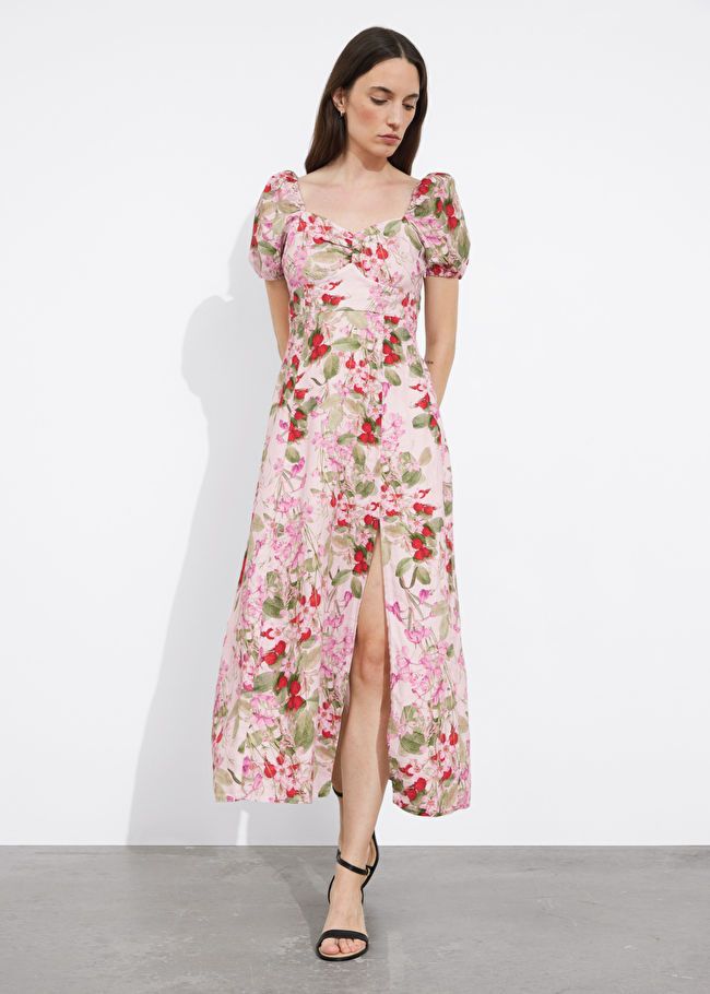 Puff Sleeve Linen Midi Dress - Pink Floral Print - Midi dresses - & Other Stories US | & Other Stories US